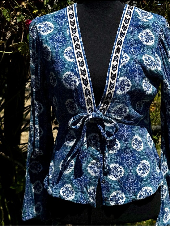 Free People Tops - Free People Blue Printed Tie-Front Blouse